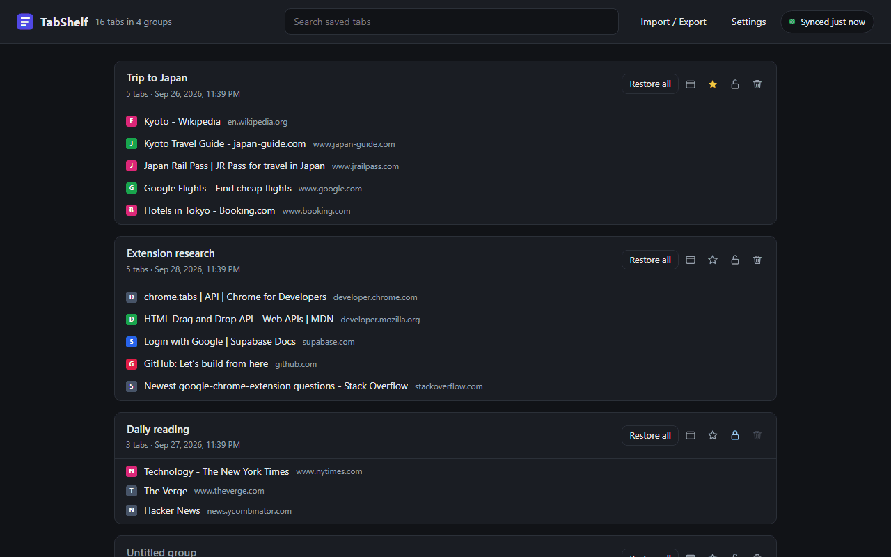 TabShelf showing saved tabs organised into named, starred and locked groups