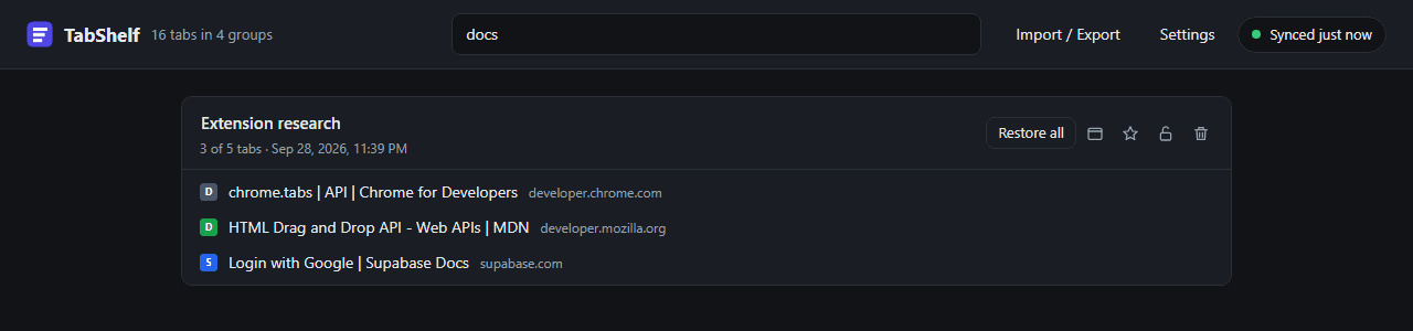 Searching saved tabs in TabShelf