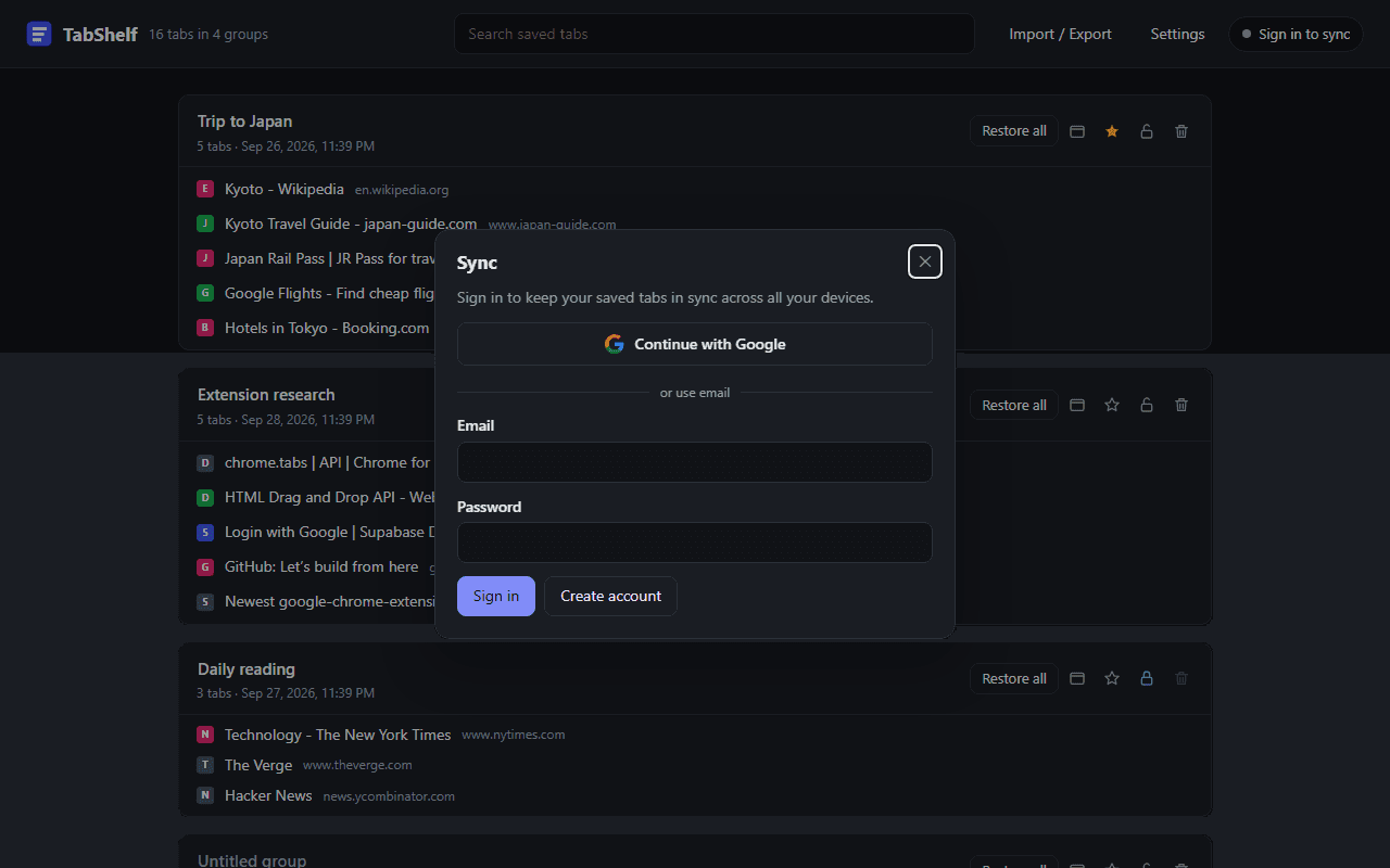 Signing in to sync with Google or email in TabShelf